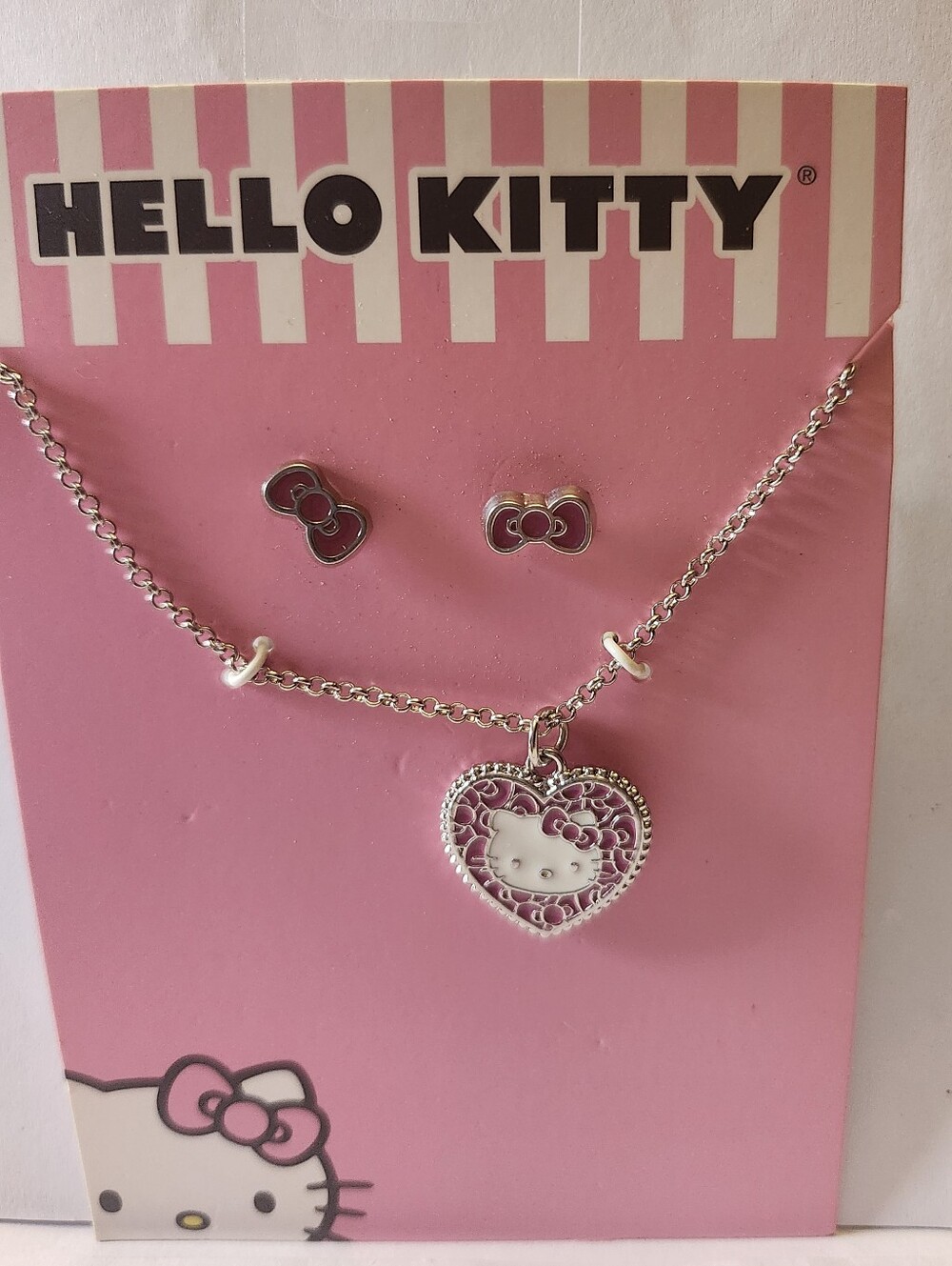 Hello Kitty Silver Necklace & Bow Stud Earrings with Pink Accents
